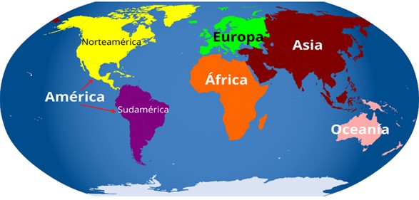Mapa con América, Europa, África, Asia y Oceanía
